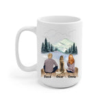 Man and Woman and Dogs Personalized Mug - Name, skin, hair, dog, background, quote can be customized