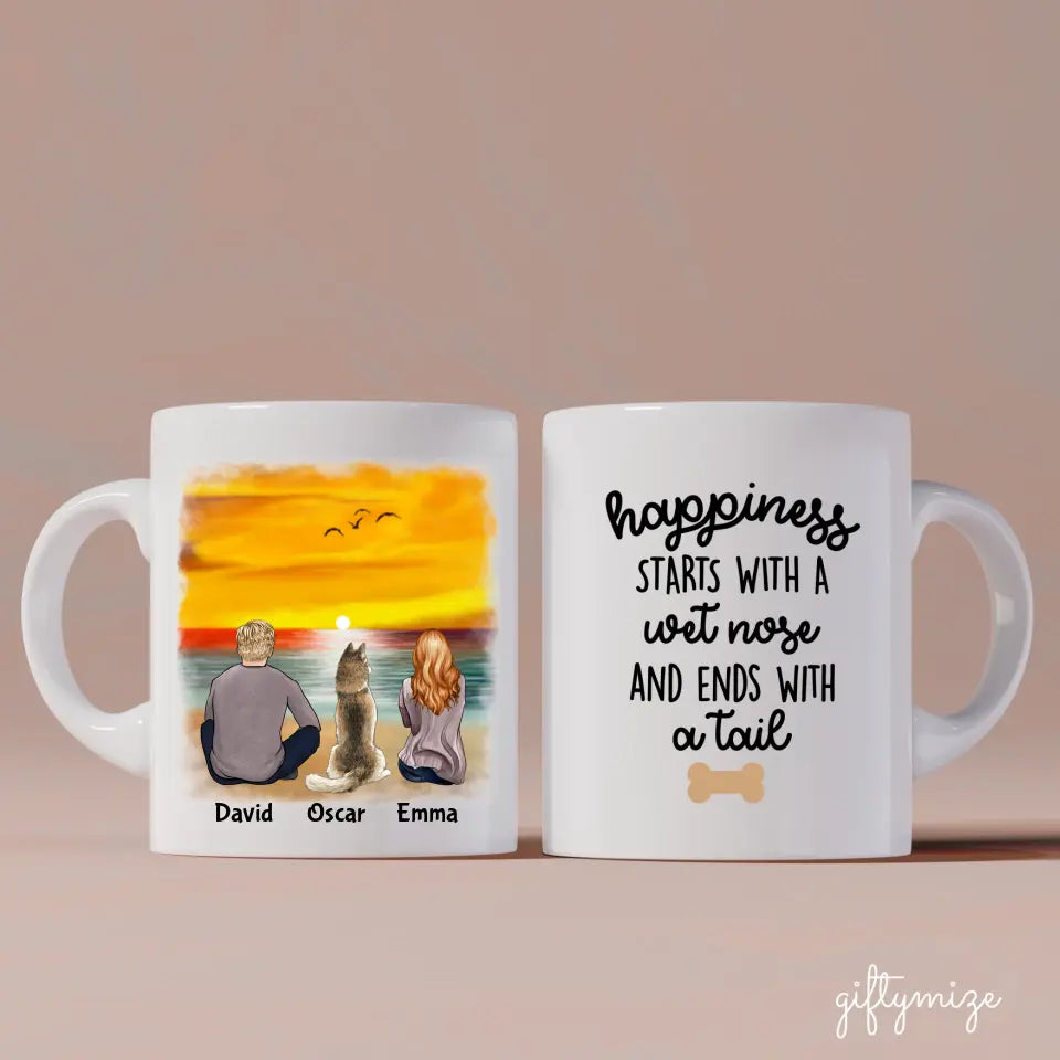 Couple & Dogs on the Beach Personalized Mug - Name, skin, hair, dog, cat, background, quote can be customized - Giftymize™️