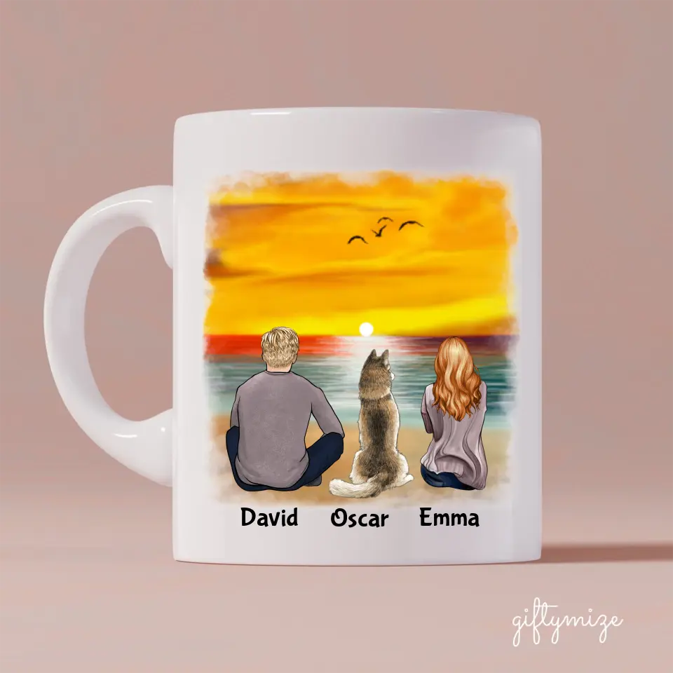 Couple & Dogs on the Beach Personalized Mug - Name, skin, hair, dog, cat, background, quote can be customized
