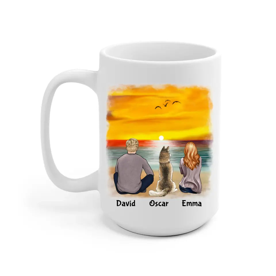 Couple & Dogs on the Beach Personalized Mug - Name, skin, hair, dog, cat, background, quote can be customized - Giftymize™️