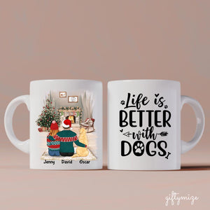 Man and Woman and Dogs Christmas Personalized Mug - Name, skin, hair, dog, background, quote can be customized