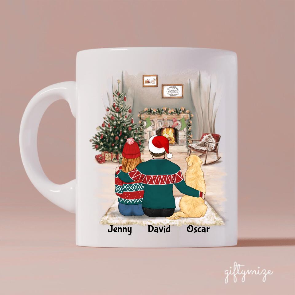 Man and Woman and Dogs Christmas Personalized Mug - Name, skin, hair, dog, background, quote can be customized - Giftymize™️