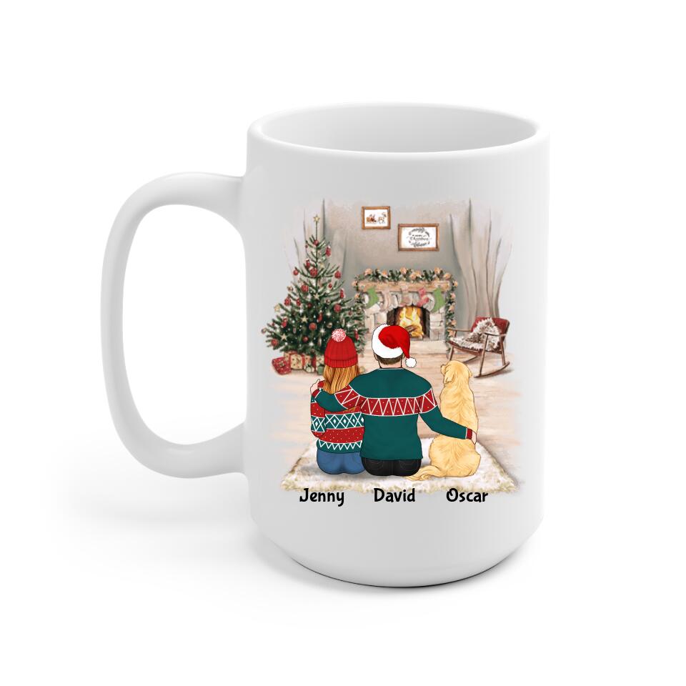 Man and Woman and Dogs Christmas Personalized Mug - Name, skin, hair, dog, background, quote can be customized - Giftymize™️