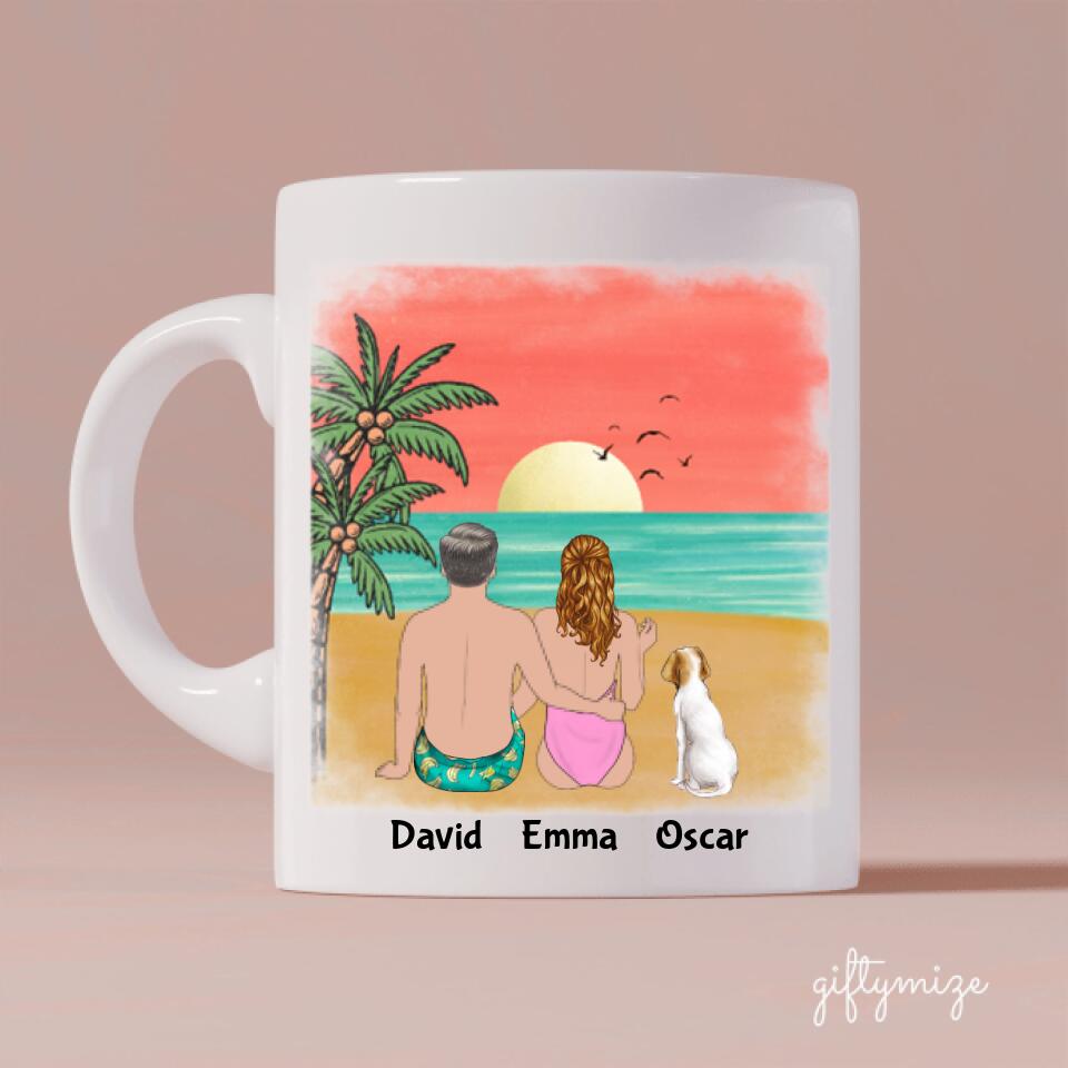 Beach Couple & Dogs Personalized Mug - Name, skin, hair, dog, background, quote can be customized