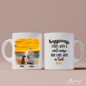 Girl and Dogs On The Beach Personalized Mug - Name, skin, hair, dog, quote, background can be customized - Giftymize™️