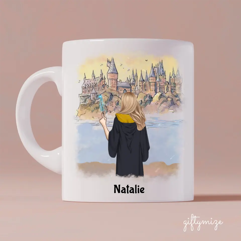 Harry Potter Inspired Girl Personalized Mug: Name, skin, hair, background, quote can be customized - Giftymize™️