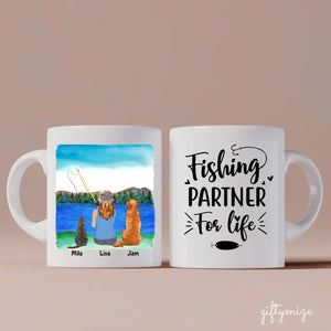 Fishing Woman with Cat and Dog Personalized Mug - Name, skin, hair, cat, dog, background, quote can be customized