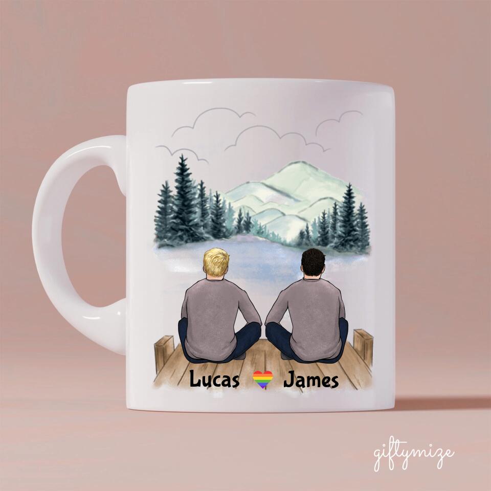 Male couple Personalized Mug - Name, skin, hair, background can be customized