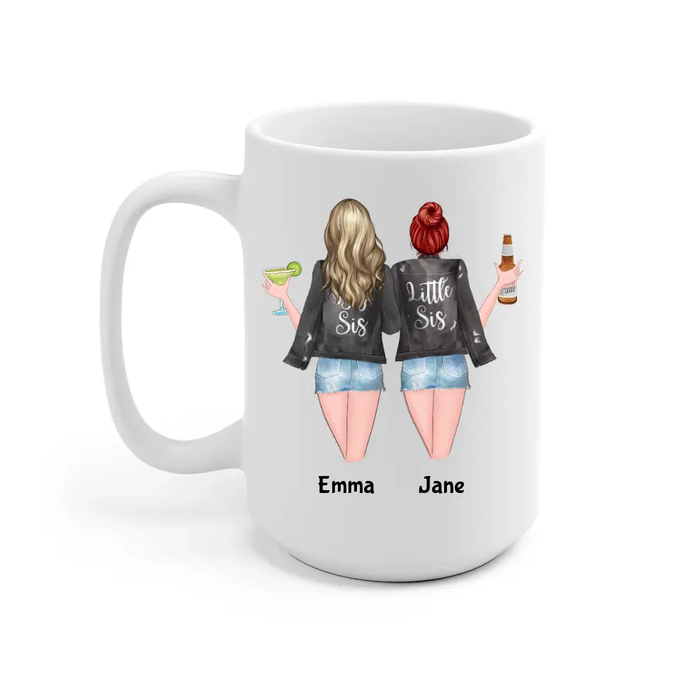 Sisters with Drinks Personalized Mug - Name, skin, hair, quote can be customized