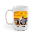 Man and Dogs On The Beach Personalized Mug - Name, skin, hair, dog, quote, background can be customized