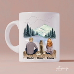 Man and Woman and Dogs Personalized Mug - Name, skin, hair, dog, background, quote can be customized