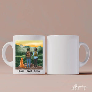 Hiking Couple & Dogs Personalized Mug - Name, skin, hair, background, quote can be customized