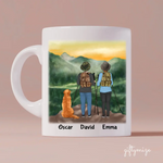 Hiking Couple & Dogs Personalized Mug - Name, skin, hair, background, quote can be customized