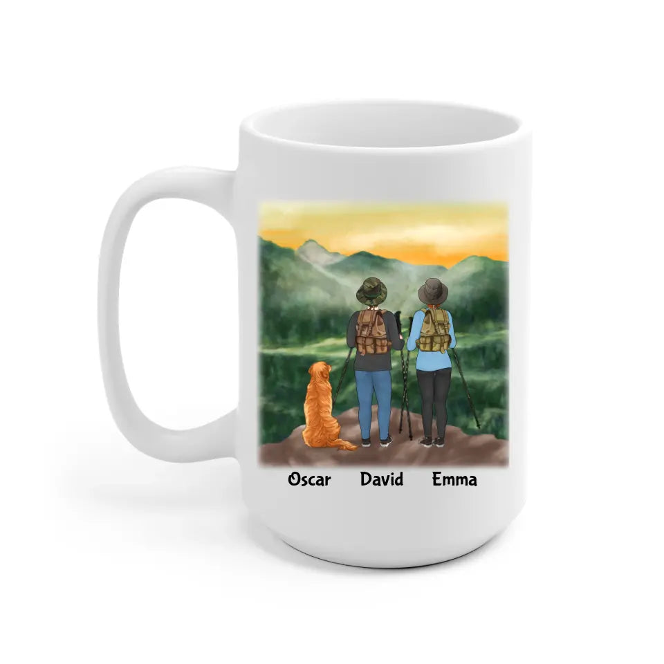 Hiking Couple & Dogs Personalized Mug - Name, skin, hair, background, quote can be customized