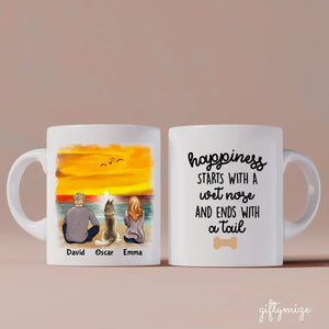 Couple & Dogs on the Beach Personalized Mug - Name, skin, hair, dog, cat, background, quote can be customized