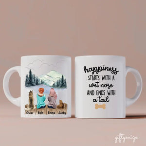 Female Couple With Beloved Dog & Cat Personalized Mug - Name, skin, hair, dog, cat, background, quote can be customized