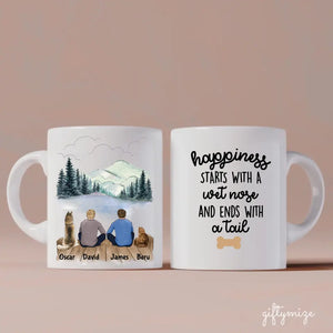 Male Couple With Beloved Dog & Cat Personalized Mug - Name, skin, hair, dog, cat, background, quote can be customized