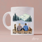 Male Couple With Beloved Dog & Cat Personalized Mug - Name, skin, hair, dog, cat, background, quote can be customized