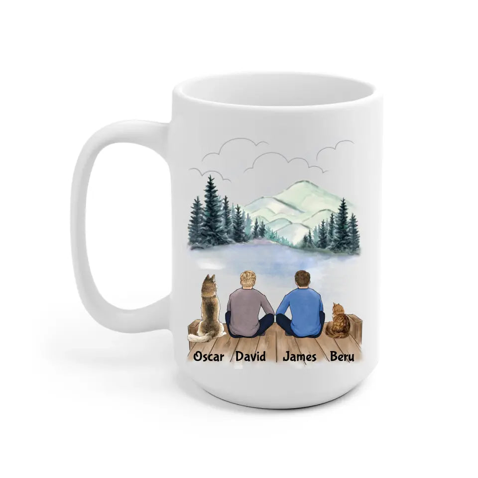 Male Couple With Beloved Dog & Cat Personalized Mug - Name, skin, hair, dog, cat, background, quote can be customized