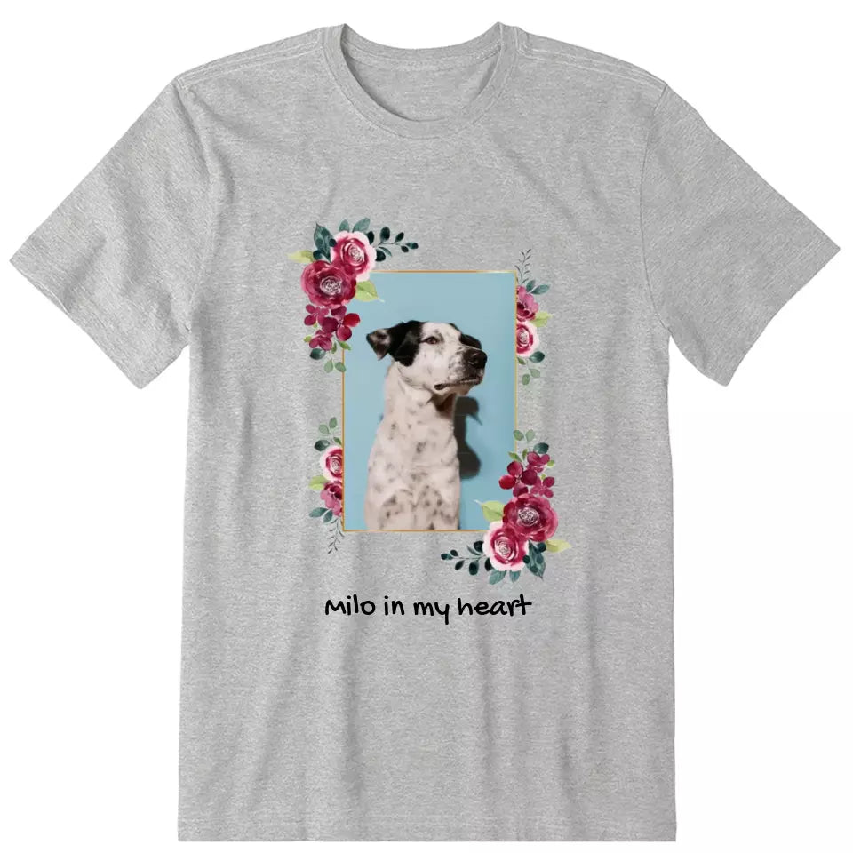 Dog Peony Frame Photo Upload Personalized T-Shirt - Photo, name can be customized