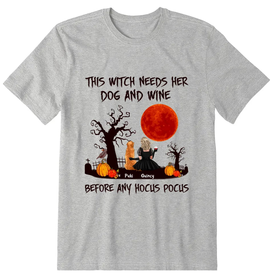 The Witch Needs Dogs And Wine Personalized T-Shirt, Hoodie & Sweatshirt - Dog, name, skin, dress, hair, can be customized