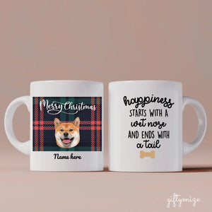 Beloved Dog On Christmas Texture Upload Photo Personalized Mug - Photo, name can be customized