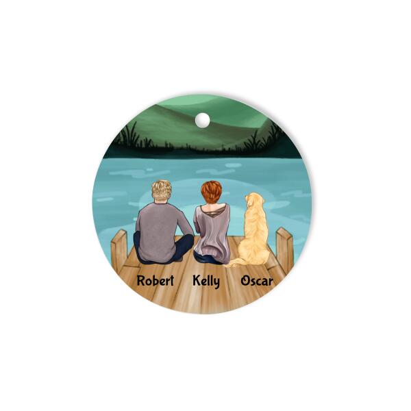 Couple with Beloved Dogs Personalized Ornament - Name, skin, hair, dog, background, can be customized