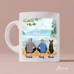 Dad and Son with Dog Squad Personalized Mug - Name, skin, hair, dog, quote, background can be customized