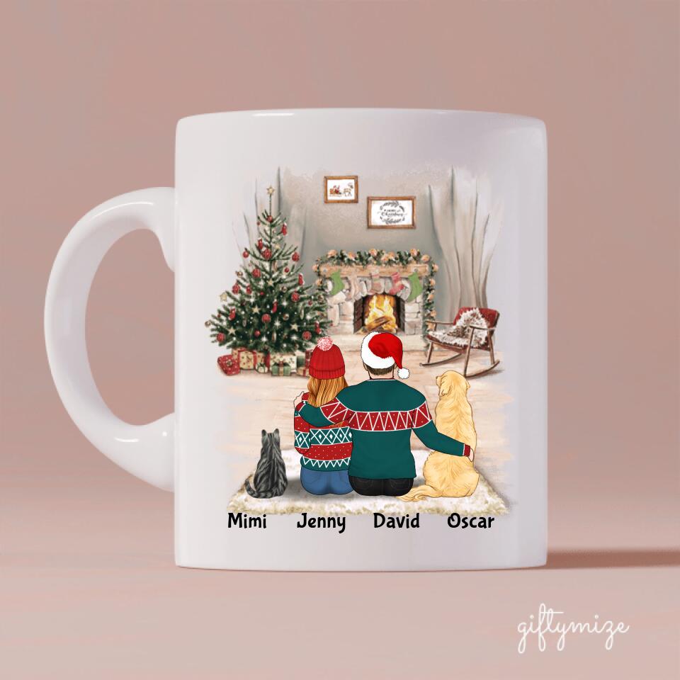 Man and Woman with Cats and Dogs Christmas Personalized Mug - Name, skin, hair, cat, dog, background, quote can be customized