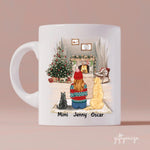 Girl with Cats and Dogs Christmas Personalized Mug - Name, skin, hair, cat, dog, background, quote can be customized