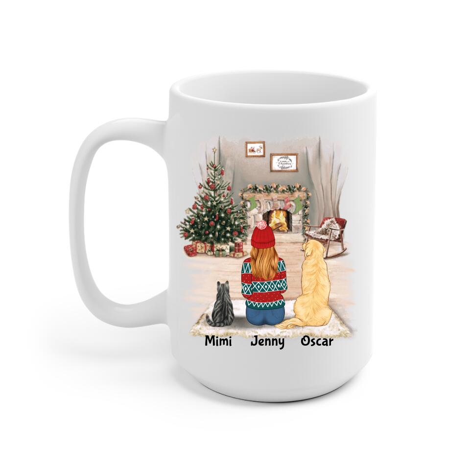 Girl with Cats and Dogs Christmas Personalized Mug - Name, skin, hair, cat, dog, background, quote can be customized
