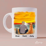 Man with Cats and Dogs on Beach Personalized Mug - Name, skin, hair, cat, background, quote can be customized