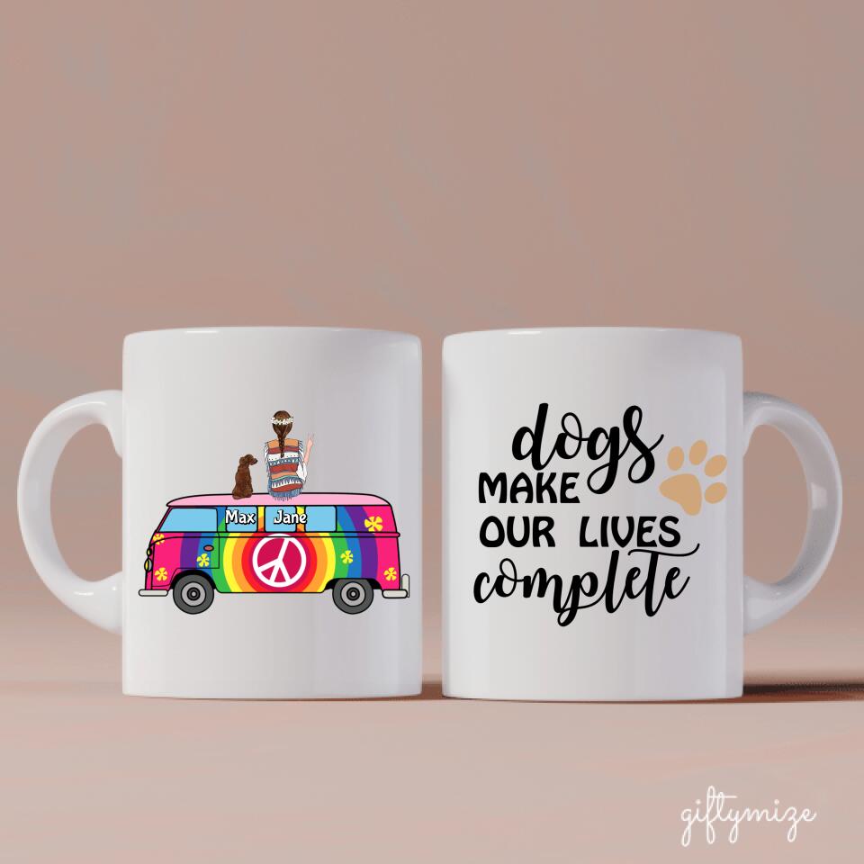 Hippie Girl and Dogs on Bus Personalized Mug - Name, skin, clothes, accessories, hair, dog can be changed