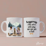 Two Women and Dogs Personalized Mug - Name, skin, hair, dog, background can be customized.