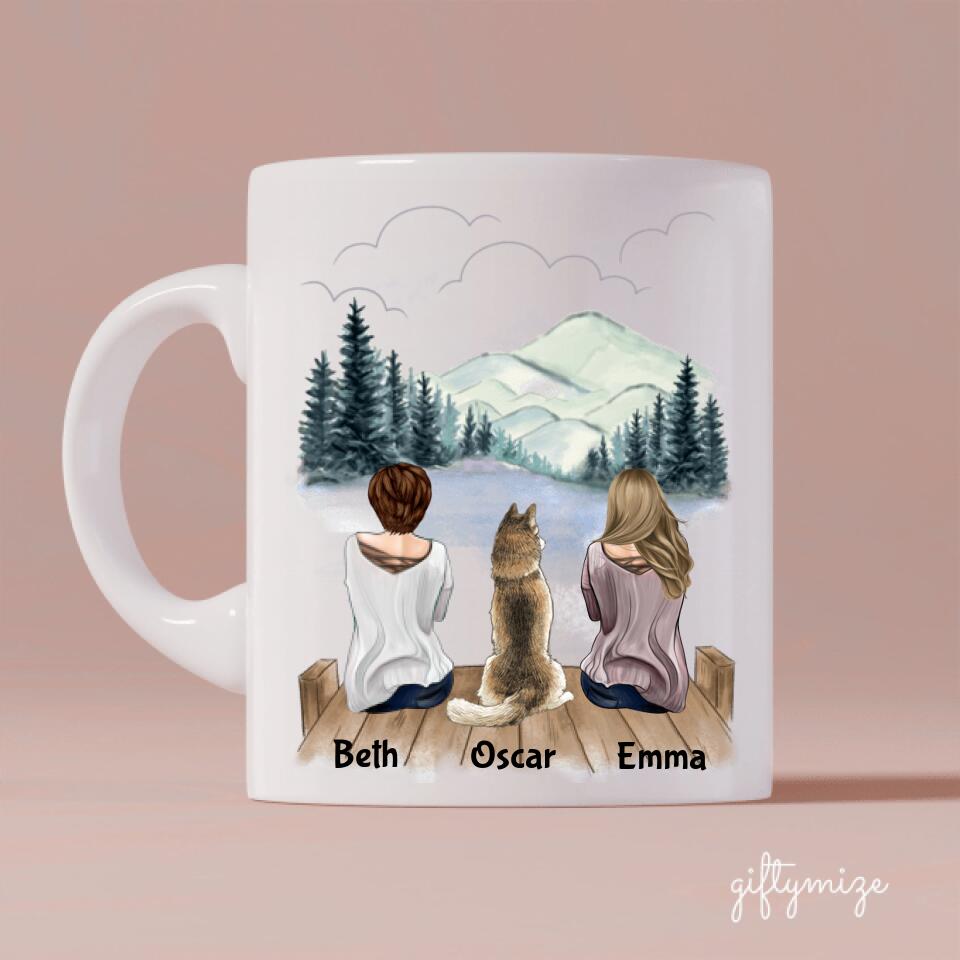 Two Women and Dogs Personalized Mug - Name, skin, hair, dog, background can be customized.
