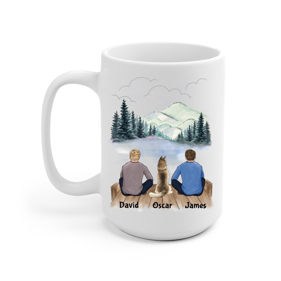 Two Men and Dogs Personalized Mug - Name, skin, hair, dog, background can be customized