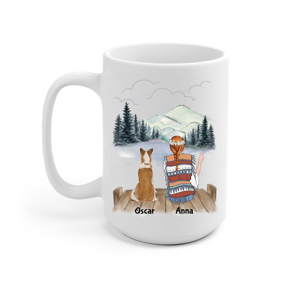 Hippie Girl and Dogs Personalized Mug - Name, skin, clothes, accessories, dog, name, quote, background can be changed