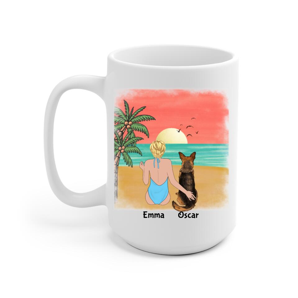 Beach Girl & Dogs Personalized Mug - Name, skin, hair, dog, background, quote can be customized