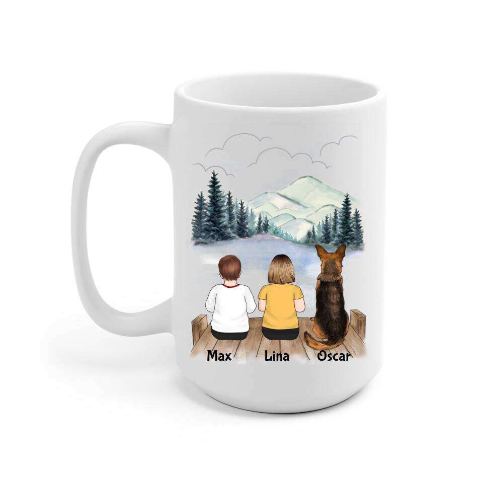 Kids and Dogs Personalized Mug - Name, skin, hair, dog, quote, background can be customized
