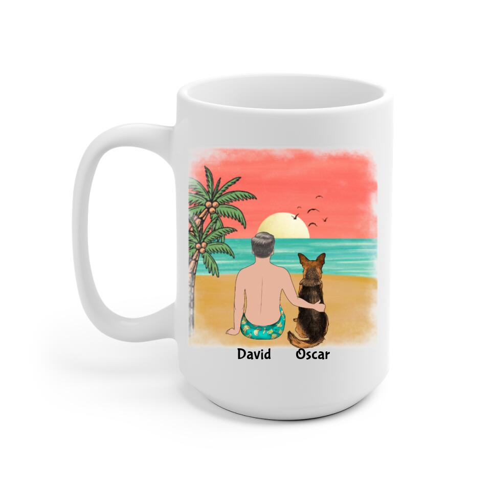 Beach Man & Dogs Personalized Mug - Name, skin, hair, dog, background, quote can be customized