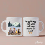 Parents and Little Daughter with Dogs Personalized Mug - Name, skin, hair, clothes, dog, background, and quote can be customized