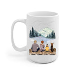 Parents and Little Daughter with Dogs Personalized Mug - Name, skin, hair, clothes, dog, background, and quote can be customized