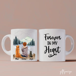 Girl and Dogs + Cats Personalized Mug - Name, skin, hair, cat, background, quote can be customized