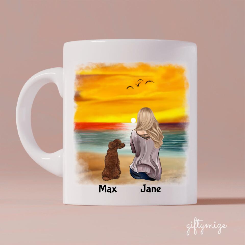 Girl and Dogs On The Beach Personalized Mug - Name, skin, hair, dog, quote, background can be customized