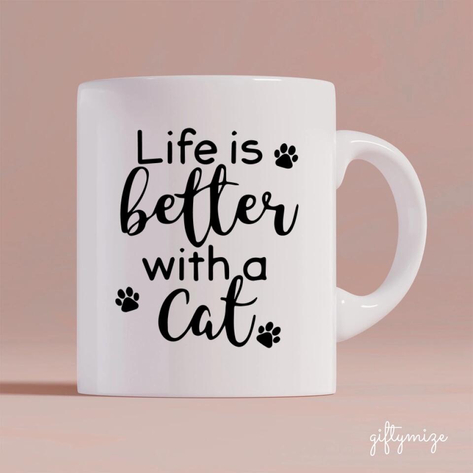 Two Women and Cats Personalized Mug - Name, skin, hair, cat, background can be customized.