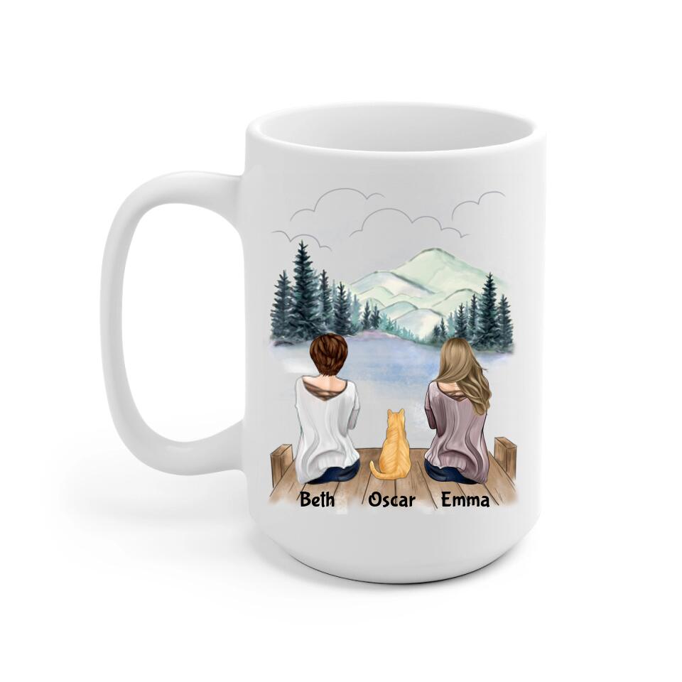 Two Women and Cats Personalized Mug - Name, skin, hair, cat, background can be customized.