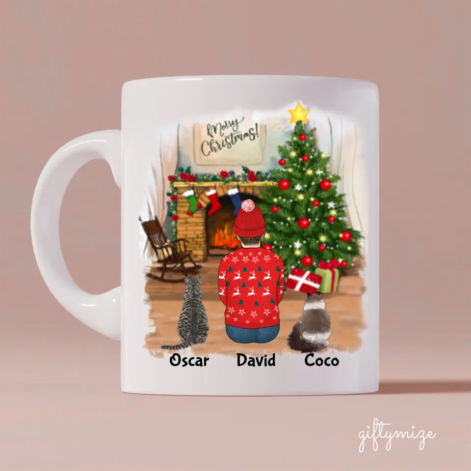 Man and Cats Christmas Personalized Mug - Name, skin, hair, cat, background, quote can be customized