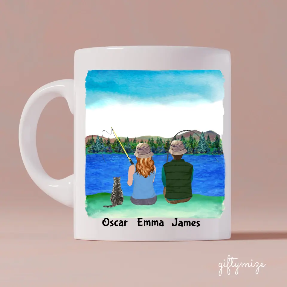 Fishing Partners For Life and Cats Personalized Mug - Name, skin, hair, dog, background, quote can be customized