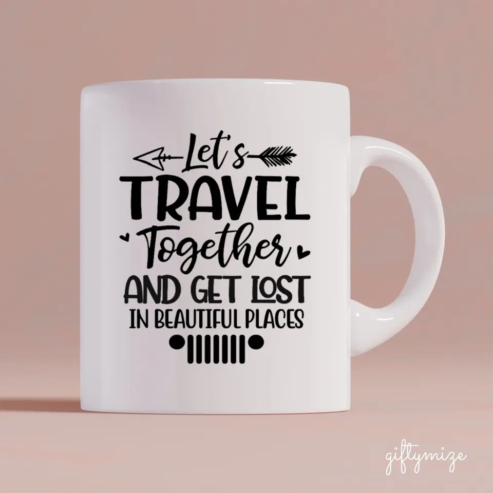 Travel Couple & Cats Personalized Mug - Name, skin, hair, background, quote can be customized