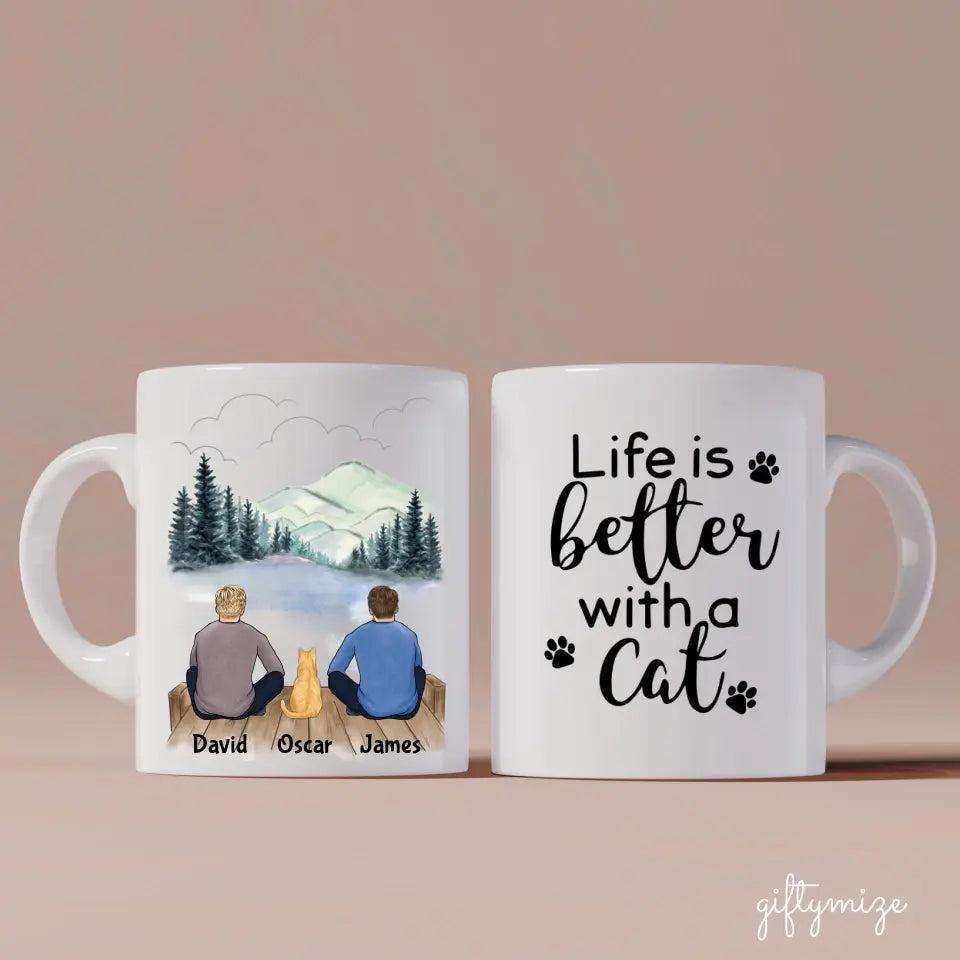 Two Men and Cats Personalized Mug - Name, skin, hair, cat, background can be customized